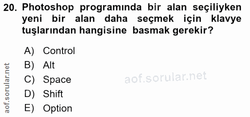 20. soru: Photoshop programinda bir alan seçiliyken yeni bir alan daha seçmek için klavye tuşlarından hangisine basmak gerekir?…