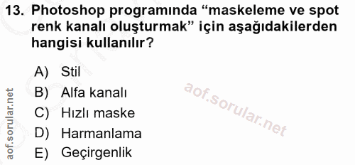 13. soru: Photoshop programında "maskeleme ve spot renk kanalı oluşturmak" için aşağıdakilerden hangisi kullanılır? A) Stil B)…
