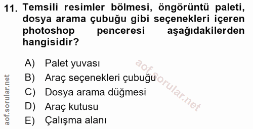 11. soru: Temsili resimler bölmesi, öngörüntü paleti, dosya arama çubuğu gibi seçenekleri içeren photoshop penceresi aşağıdakil…