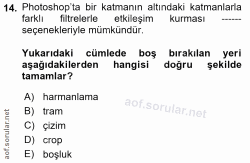 14. soru: Photoshop'ta bir katmanın altındaki katmanlarla farkli filtrelerle etkileşim kurması seçenekleriyle mümkündür. Yukarı…