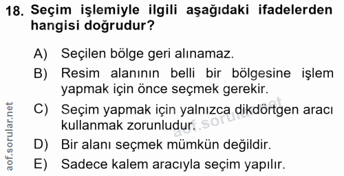 18. soru: Seçim işlemiyle ilgili aşağıdaki ifadelerden hangisi doğrudur? A) Seçilen bölge geri alınamaz. B) Resim alanının bell…