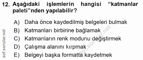 12. soru: Aşağıdaki işlemlerin hangisi "katmanlar paleti"nden yapılabilir? A) Daha önce kaydedilmiş belgeleri bulmak B) Katmanl…