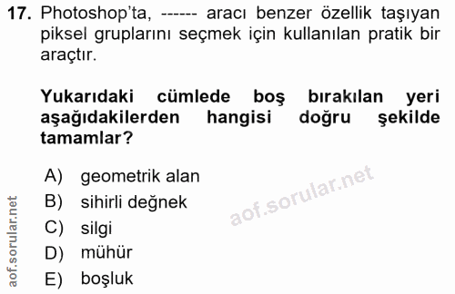 17. soru: Photoshop'ta, -- aracı benzer özellik taşıyan piksel gruplarını seçmek için kullanılan pratik bir araçtır. Yukarıdaki…