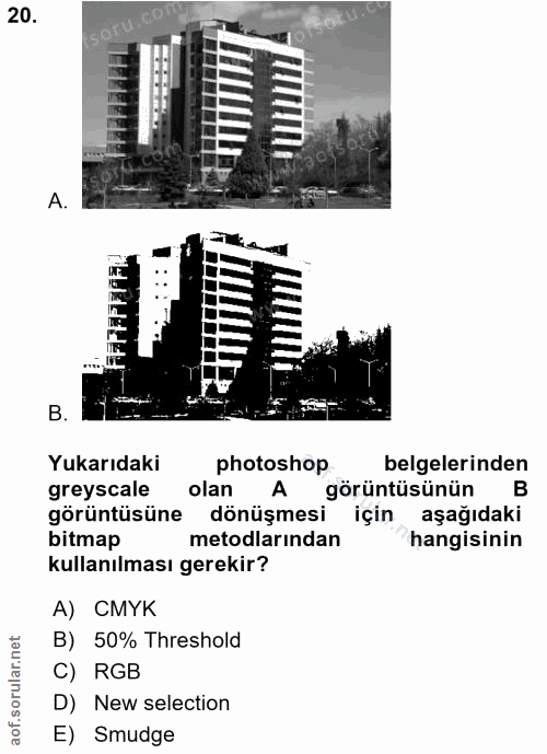 20. soru: A B. Yukarıdaki photoshop belgelerinden greyscale olan görüntüsünün görüntüsüne dönüşmesi için aşağıdaki bitmap metod…