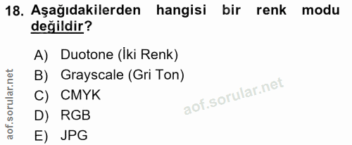 18. soru: Aşağıdakilerden hangisi bir renk modu değildir? A) Duotone (Iki Renk) B) Grayscale (Gri Ton) C) CMYK D) RGB E) JPG