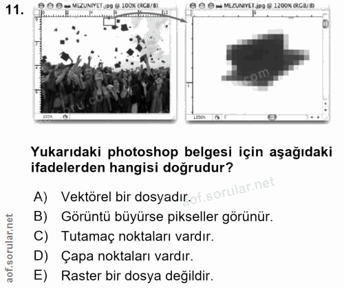 11. soru: 800 m MEZUNIYET jpg @-100% (RC8/8) 000 MEZUNIYET.jpg (@ 1200% (RG8/8) Yukarıdaki photoshop belgesi için aşağıdaki ifa…