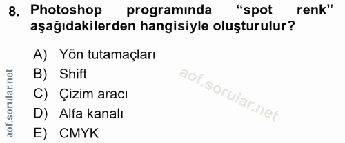8. soru: Photoshop programinda "spot renk" aşağıdakilerden hangisiyle oluşturulur? A) Yön tutamaçları B) Shift C) Çizim aracı…