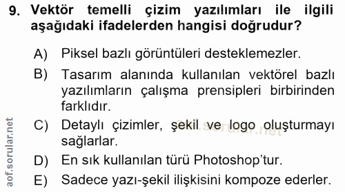 9. soru: Vektör temelli çizim yazılımları ile ilgili aşağıdaki ifadelerden hangisi doğrudur? A) Piksel bazlı görüntüleri deste…
