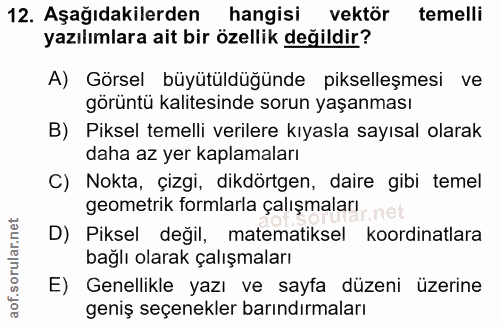 12. soru: Aşağıdakilerden hangisi vektör temelli yazılımlara ait bir özellik değildir? A) Görsel büyütüldüğünde pikselleşmesi v…