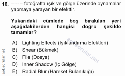 16. soru: - fotoğrafta ışık ve gölge üzerinde oynamalar yapmaya yarayan bir efekttir. Yukarıdaki cümlede boş bırakılan yeri aşa…