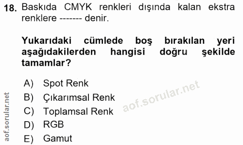 18. soru: Baskıda CMYK renkleri dışında kalan ekstra renklere - denir. Yukarıdaki cümlede boş bırakılan yeri aşağıdakilerden ha…