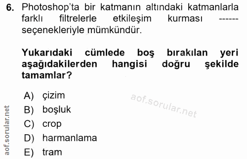 6. soru: Photoshop'ta bir katmanın altındaki katmanlarla farklı filtrelerle etkileşim kurması seçenekleriyle mümkündür. Yukarı…
