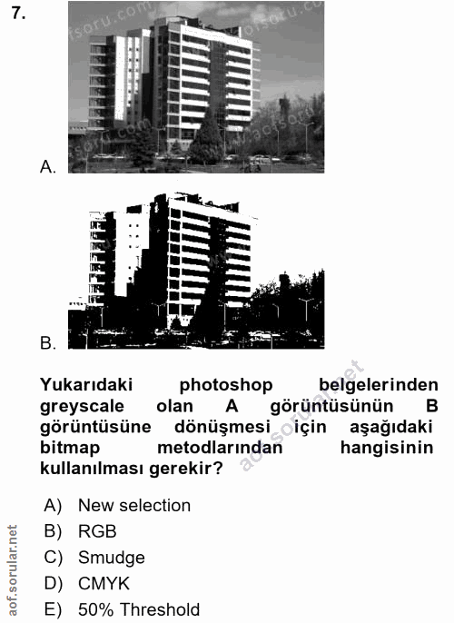 7. soru: A B. Yukarıdaki photoshop belgelerinden greyscale olan A görüntüsünün B görüntüsüne dönüşmesi oiçin aşağıdaki bitmap…