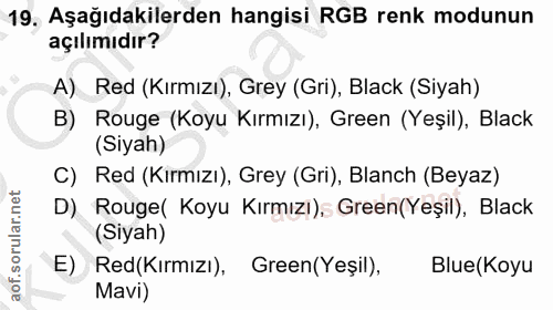 19. soru: Aşağıdakilerden hangisi RGB renk modunun açılımıdır? A) Red (Kırmızı), Grey (Gri), Black (Siyah) B) Rouge (Koyu Kırmı…