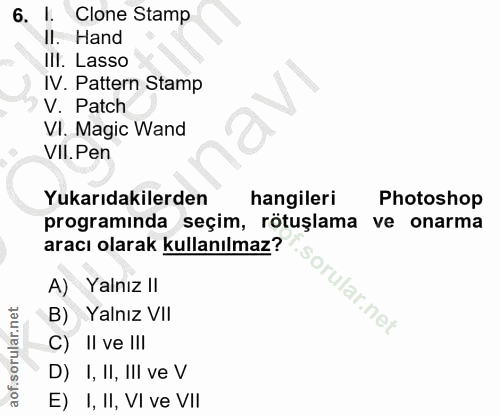 6. soru: Clone Stamp Il. Hand IlI. Lasso IV. Pattern Stamp V. Patch VI. Magic Wand VII. Pen Yukarıdakilerden hangileri Photosh…