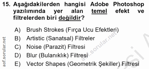 15. soru: Aşağıdakilerden hangisi Adobe Photoshop yazılımında yer alan temel efekt ve filtrelerden biri değildir? A) Brush Stro…