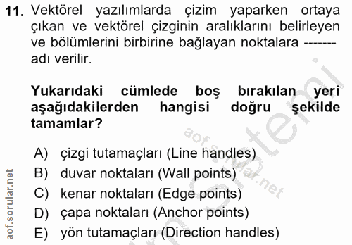 11. soru: Vektörel yazılımlarda çizim yaparken ortaya çıkan ve vektörel çizginin aralıklarını belirleyen ve bölümlerini birbiri…