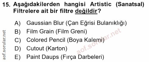 15. soru: Aşağıdakilerden hangisi Artistic (Sanatsal) Filtrelere ait bir filtre değildir? A) Gaussian Blur (Çan Eğrisi Bulanıkl…