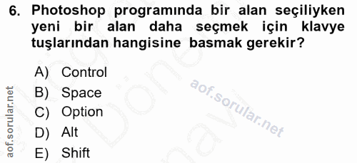 6. soru: Photoshop programında bir alan seçiliyken yeni bir alan daha seçmek için klavye tuşlarından hangisine basmak gerekir?…