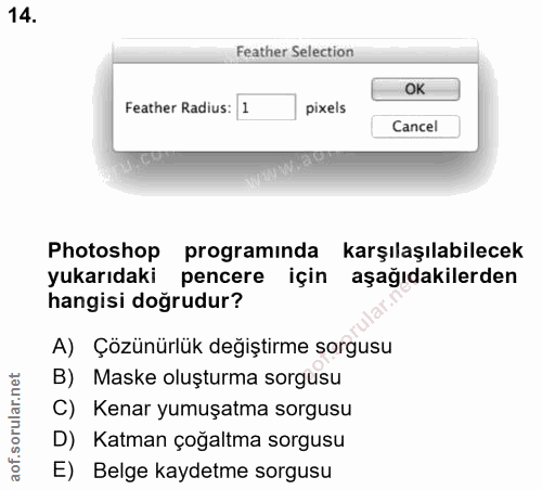 14. soru: Feather Selection OK Feather Radius: 1 pirels Cancel Photoshop programında karşılaşılabilecek yukarıdaki pencere için…