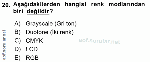 20. soru: Aşağıdakilerden hangisi renk modlarından biri değildir? A) Grayscale (Gri ton) rular.net B) Duotone (Iki renk) C) CMY…