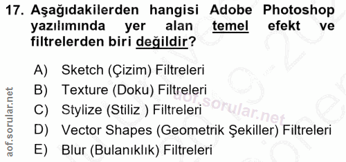 17. soru: Aşağıdakilerden hangisi Adobe Photoshop yazılımında yer alan temel efekt ve filtrelerden biri değildir? A) Sketch (Çi…