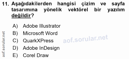 11. soru: Aşağıdakilerden hangisi çizim ve sayfa tasarımına yönelik vektörel bir yazılım değildir? A) Adobe Illustrator B) Micr…
