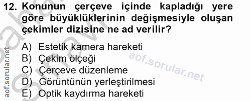 12. soru: Konunun çerçeve içinde kapladığı yere göre büyüklüklerinin değişmesiyle oluşan çekimler dizisine ne ad verilir? A) Es…