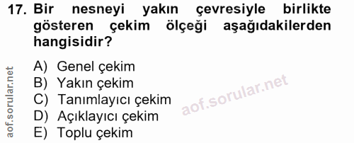 17. soru: Bir nesneyi yakın çevresiyle birlikte gösteren çekim ölçeği aşağıdakilerden hangisidir? A) Genel çekim B) Yakın çekim…