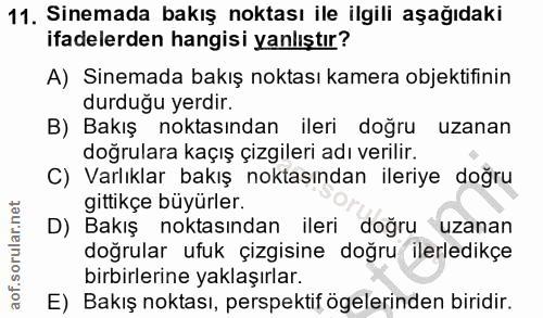 11. soru: Sinemada bakış noktası ile ilgili aşağıdaki ifadelerden hangisi yanlıştır? A) Sinemada bakış noktası kamera objektifi…