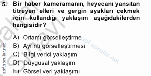 5. soru: Bir haber kameramanın, heyecanı yansıtan titreyen elleri ve gergin ayakları çekmek için kullandığı yaklaşım aşağıdaki…