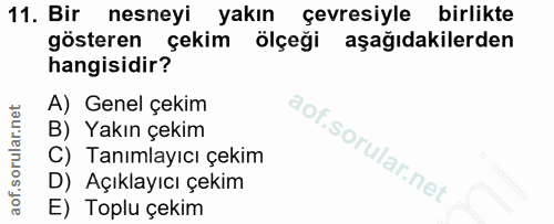 11. soru: Bir nesneyi yakın çevresiyle birlikte gösteren çekim ölçeği aşağıdakilerden hangisidir? A) Genel çekim B) Yakın çekim…