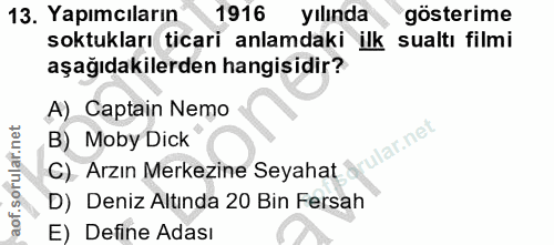 13. soru: Yapımcıların 1916 yılında gösterime soktukları ticari anlamdaki ilk sualtı filmi aşağıdakilerden hangisidir? A) Capta…