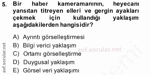 5. soru: Bir haber kameramanının, heyecanı yansıtan titreyen elleri ve gergin ayakları çekmek için Kullandığı yaklaşım aşağıda…
