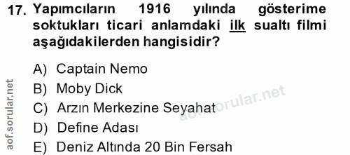 17. soru: Yapımcıların 1916 yılında gösterime soktukları ticari anlamdaki ilk sualtı filmi aşağıdakilerden hangisidir? A) Capta…