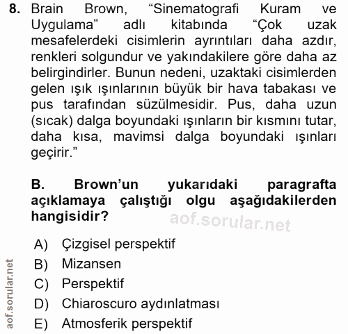 8. soru: Brain Brown, "Sinematografi Kuram ve Uygulama" adlı kitabinda "Çok uzak mesafelerdeki cisimlerin ayrıntıları daha azd…