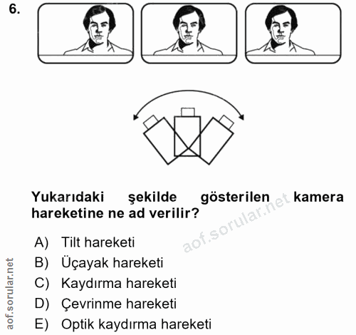 6. soru: Yukarıdaki şekilde gösterilen kamera hareketine ne ad verilir? A) Tilt hareketi B) Üçayak hareketi C) Kaydırma hareke…