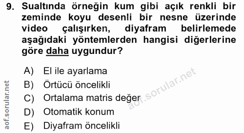 9. soru: Sualtında örneğin kum gibi açık renkli bir zeminde koyu desenli bir nesne üzerinde video çalışırken, diyafram belirle…