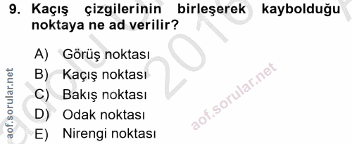 9. soru: Kaçış çizgilerinin (birleşerek kaybolduğu noktaya ne ad verilir? A) Görüş noktası B) Kaçış noktası C) Bakış noktası D…