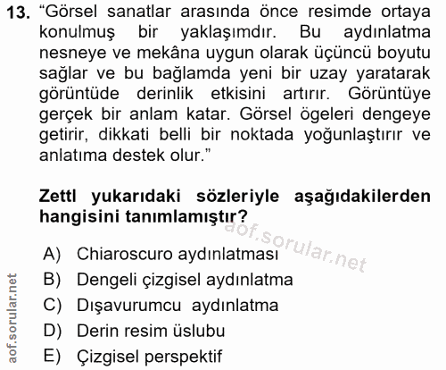 13. soru: "Görsel sanatlar arasında önce resimde ortaya konulmuş bir yaklaşımdır. Bu aydınlatma nesneye ve mekâna uygun olarak…
