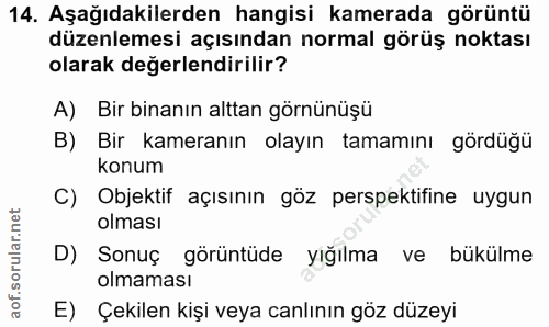 14. soru: Aşağıdakilerden hangisi kamerada görüntü düzenlemesi açısından normal görüş noktası olarak değerlendirilir? A) Bir bi…