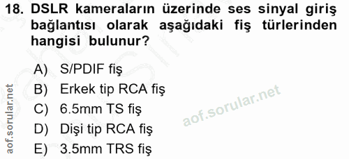 18. soru: DSLR kameraların üzerinde ses sinyal giriş bağlantısı olarak aşağıdaki fiş türlerinden hangisi bulunur? A) S/PDIF fiş…