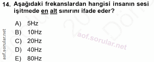 14. soru: Aşağıdaki frekanslardan hangisi insanın sesi işitmede en alt sınırını ifade eder? A) 5Hz 10Hz C) 20Hz D) 40Hz E) 80Hz