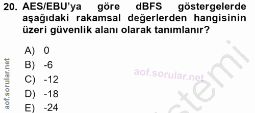 20. soru: AES/EBU'ya göre dBFS göstergelerde aşağıdaki rakamsal değerlerden hangisinin üzeri güvenlik alanı olarak tanımlanır?…