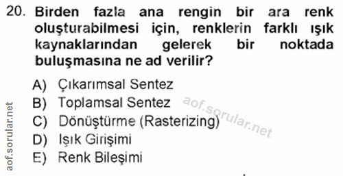 20. soru: Birden fazla ana rengin bir ara renk oluşturabilmesi için, renklerin farklı ışık kaynaklarından gelerek bir noktada b…
