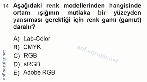 14. soru: Aşağıdaki renk modellerinden hangisinde ortam Işığının mutlaka bir yüzeyden yansıması gerektiği için renk gamı (gamut…