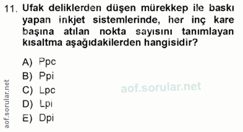 11. soru: Ufak deliklerden düşen mürekkep ile baskı yapan inkjet sistemlerinde, her inç kare başına atılan nokta sayısını tanım…