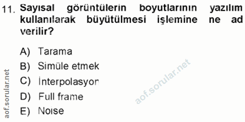 11. soru: Sayısal görüntülerin boyutlarının yazılım kullanılarak büyütülmesi işlemine ne ad verilir? A) Tarama B) Simüle etmek…