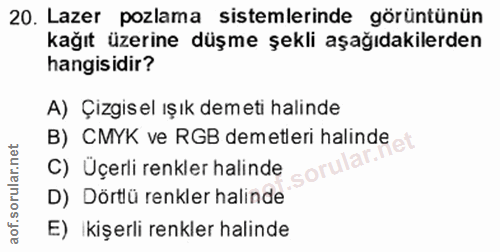 20. soru: Lazer pozlama sistemlerinde görüntünün kağıt üzerine düşme şekli aşağıdakilerden hangisidir? A) Çizgis el ışık demeti…