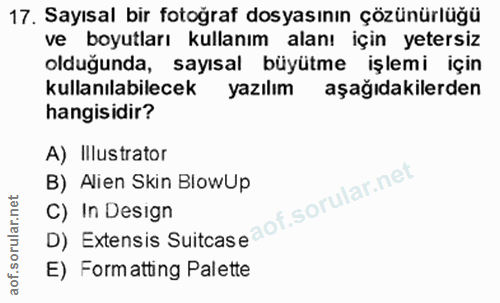 17. soru: Sayısal bir fotoğraf dosyasının çözünürlüğü ve boyutları kullanım alanı için yetersiz olduğunda, sayısal büyütme işle…